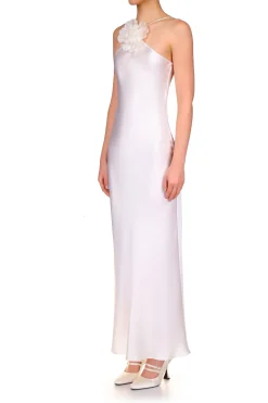 Off White Silk Satin Halter Gown With Silk Flower