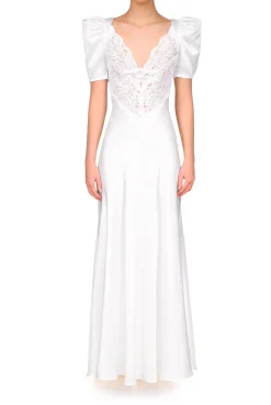 Off White Silk Satin Short Sleeve Gown With Lace Details