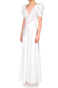 Off White Silk Satin Short Sleeve Gown With Lace Details