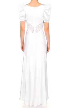 Off White Silk Satin Short Sleeve Gown With Lace Details