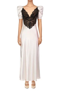 Off White Silk Short Sleeve Dress With Black Lace Details