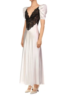 Off White Silk Short Sleeve Dress With Black Lace Details