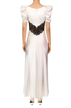 Off White Silk Short Sleeve Dress With Black Lace Details