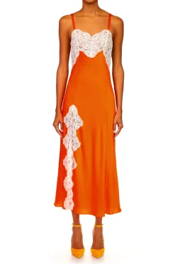 Orange Silk Satin And Lace Bias Slip Dress
