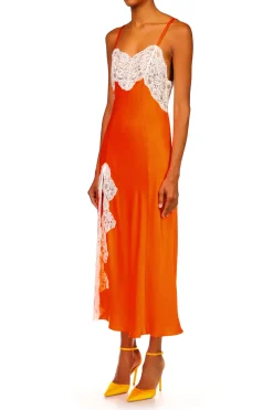 Orange Silk Satin And Lace Bias Slip Dress