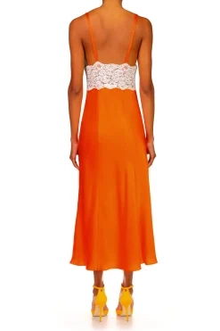 Orange Silk Satin And Lace Bias Slip Dress