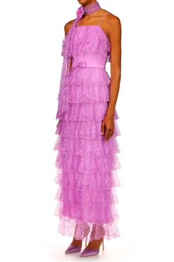 Orchid Purple Floral Tulle Tiered Ruffle Dress