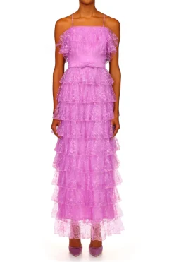 Orchid Purple Floral Tulle Tiered Ruffle Dress