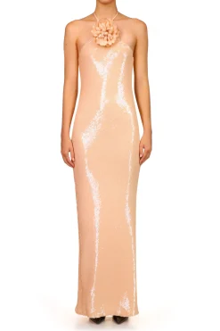 Peach Sequin Halter Gown With Flower Detail
