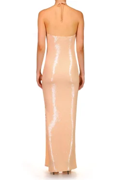 Peach Sequin Halter Gown With Flower Detail