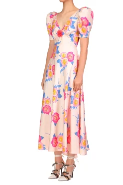 Pink And Blue Rose Printed Short Sleeve Dress With Silk Flower Detail