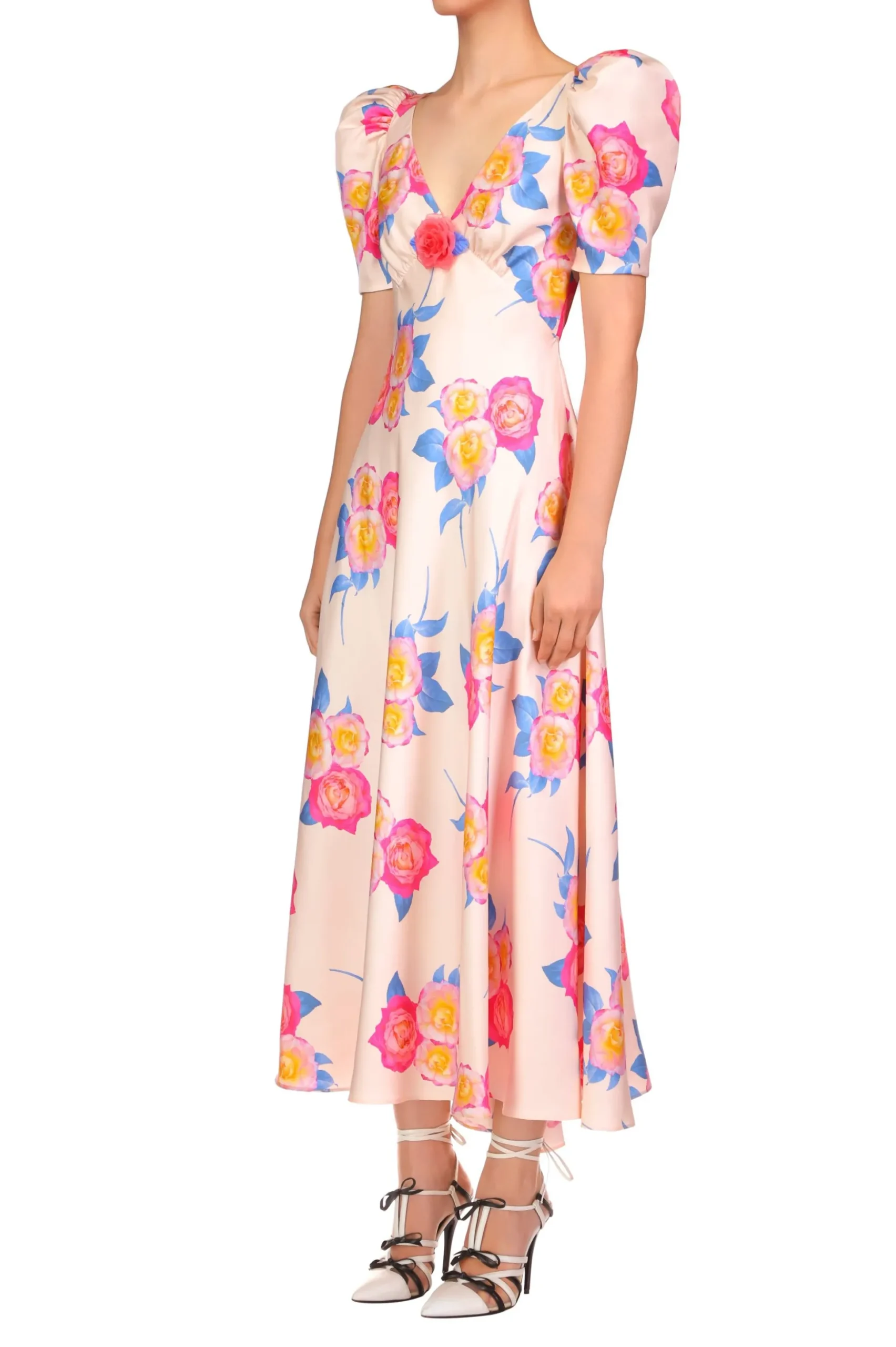 Pink And Blue Rose Printed Short Sleeve Dress With Silk Flower Detail