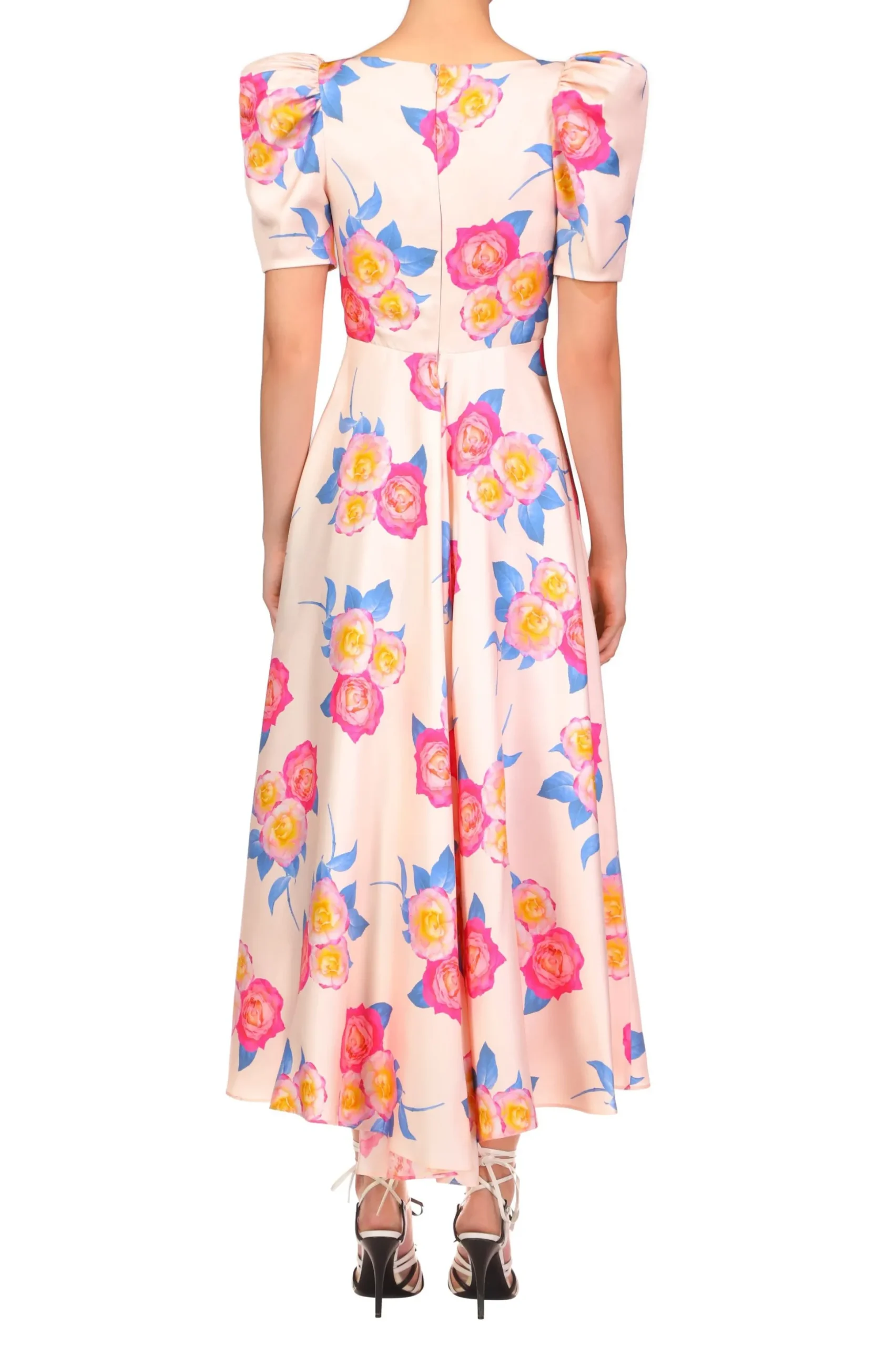 Pink And Blue Rose Printed Short Sleeve Dress With Silk Flower Detail