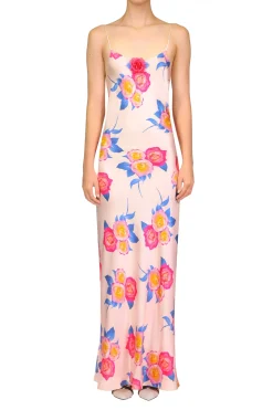 Pink And Blue Rose Printed Silk Bias Long Slip Dress With Silk Flower Detail