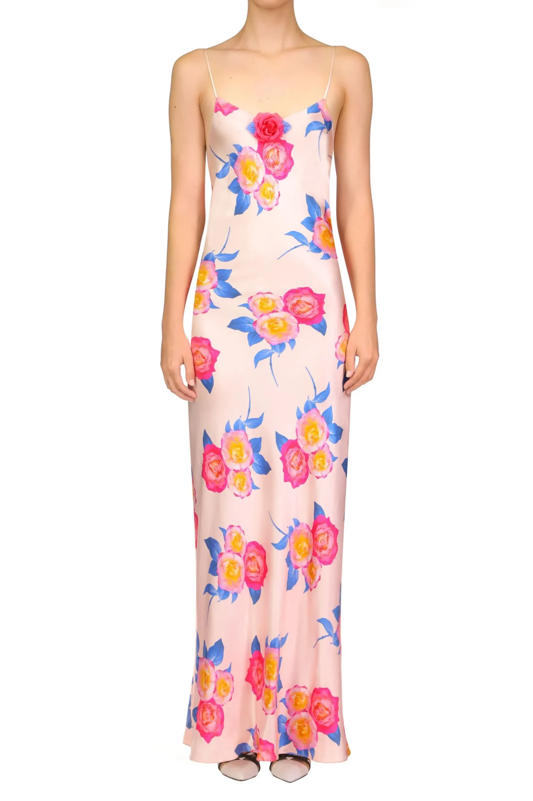 Pink And Blue Rose Printed Silk Bias Long Slip Dress With Silk Flower Detail