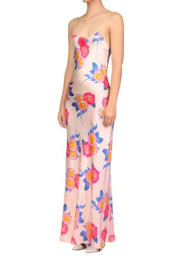 Pink And Blue Rose Printed Silk Bias Long Slip Dress With Silk Flower Detail