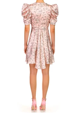 Pink Floral Printed Silk Dress With Silk Flower