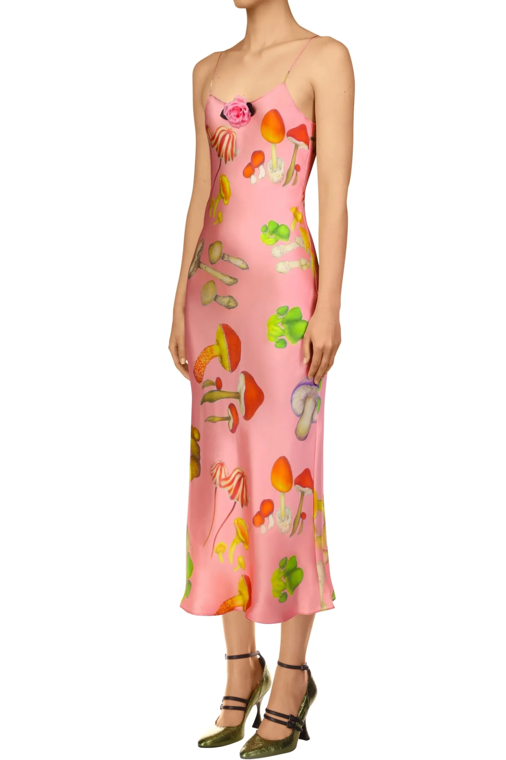 Pink Mushroom Printed Silk Satin Slip Dress