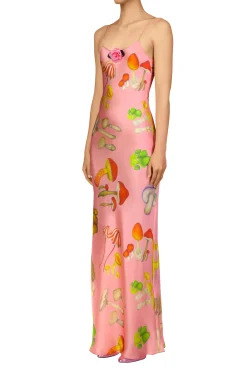 Pink Mushroom Printed Silk Satin Tea Length Slip Dress