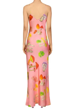 Pink Mushroom Printed Silk Satin Tea Length Slip Dress