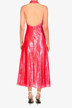 Pink Sequin Halter Bias Dress With Flower Detail