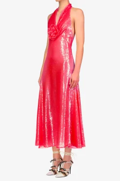 Pink Sequin Halter Bias Dress With Flower Detail