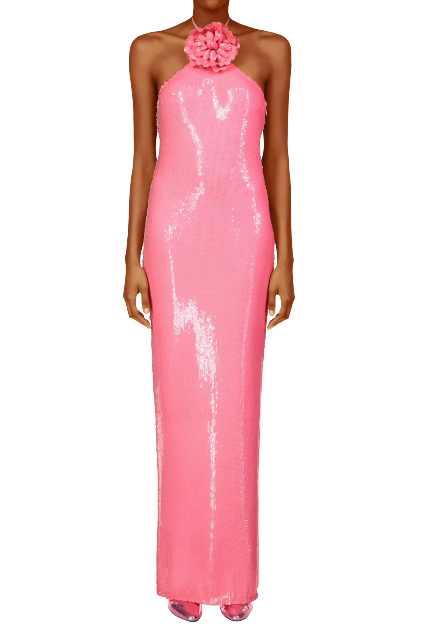 Pink Sequin Halter Gown With Flower Detail