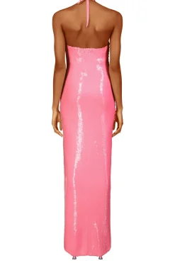 Pink Sequin Halter Gown With Flower Detail