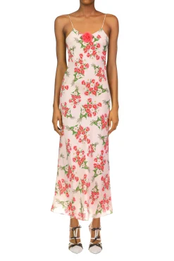 Pink Tulip Bouquet Printed Slk Mid Length Slip Dress With Silk Flower