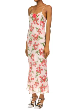 Pink Tulip Bouquet Printed Slk Mid Length Slip Dress With Silk Flower