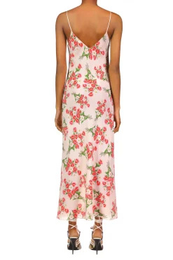 Pink Tulip Bouquet Printed Slk Mid Length Slip Dress With Silk Flower