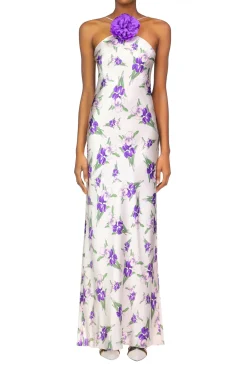 Purple Iris Printed Silk Halter Gown With Silk Flower Detail