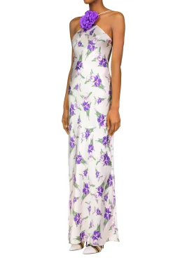 Purple Iris Printed Silk Halter Gown With Silk Flower Detail