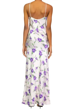 Purple Iris Printed Silk Halter Gown With Silk Flower Detail