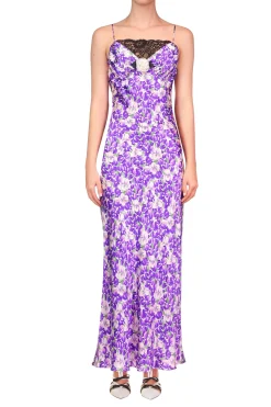 Purple Iris Printed Silk Satin Bias Dress With Ruched Bust And Black Lace Detail