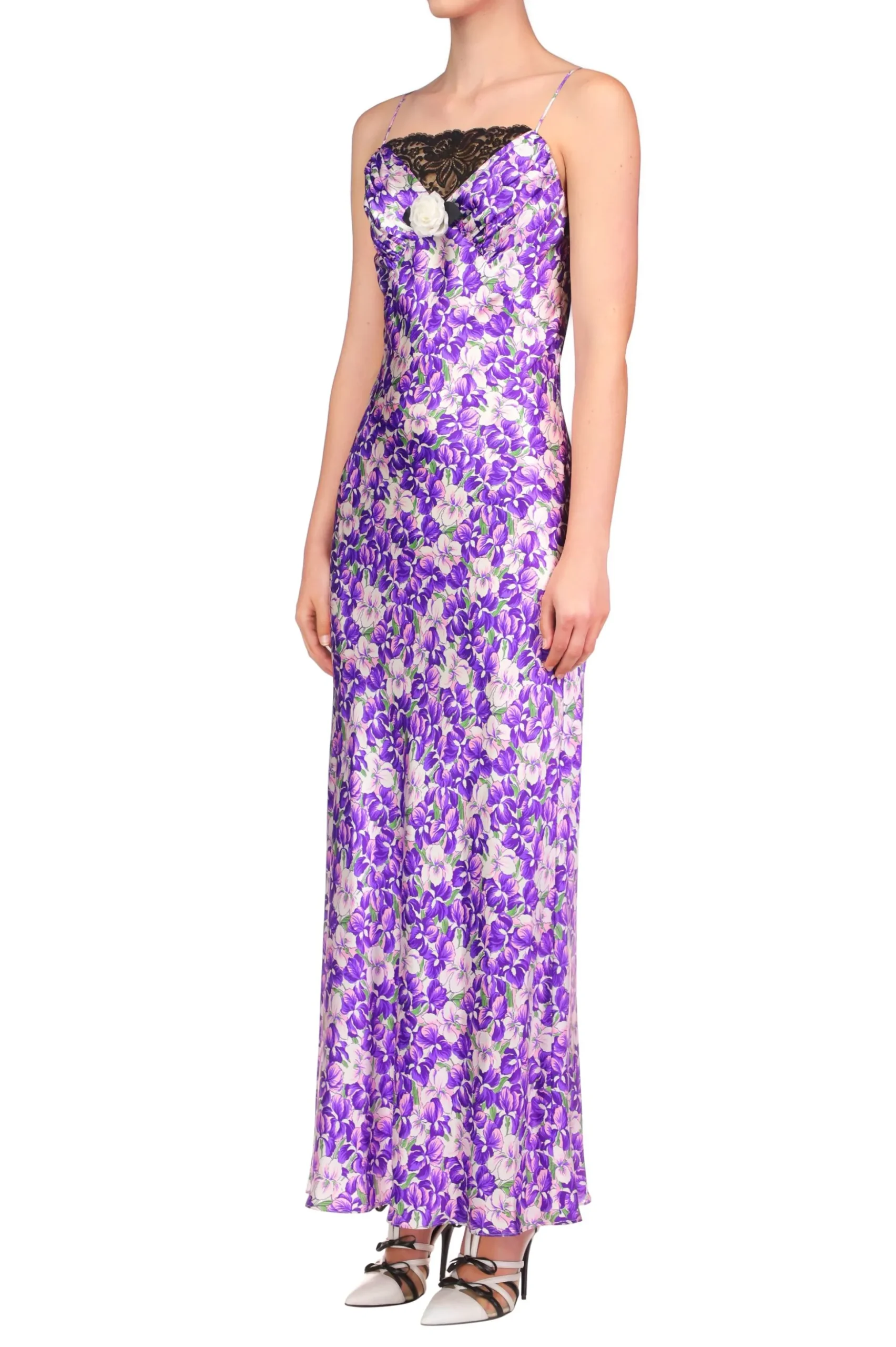 Purple Iris Printed Silk Satin Bias Dress With Ruched Bust And Black Lace Detail