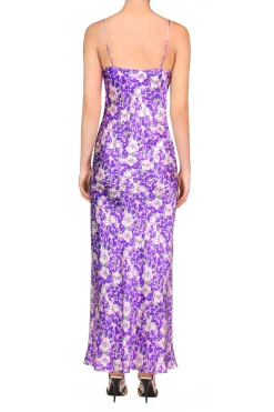 Purple Iris Printed Silk Satin Bias Dress With Ruched Bust And Black Lace Detail