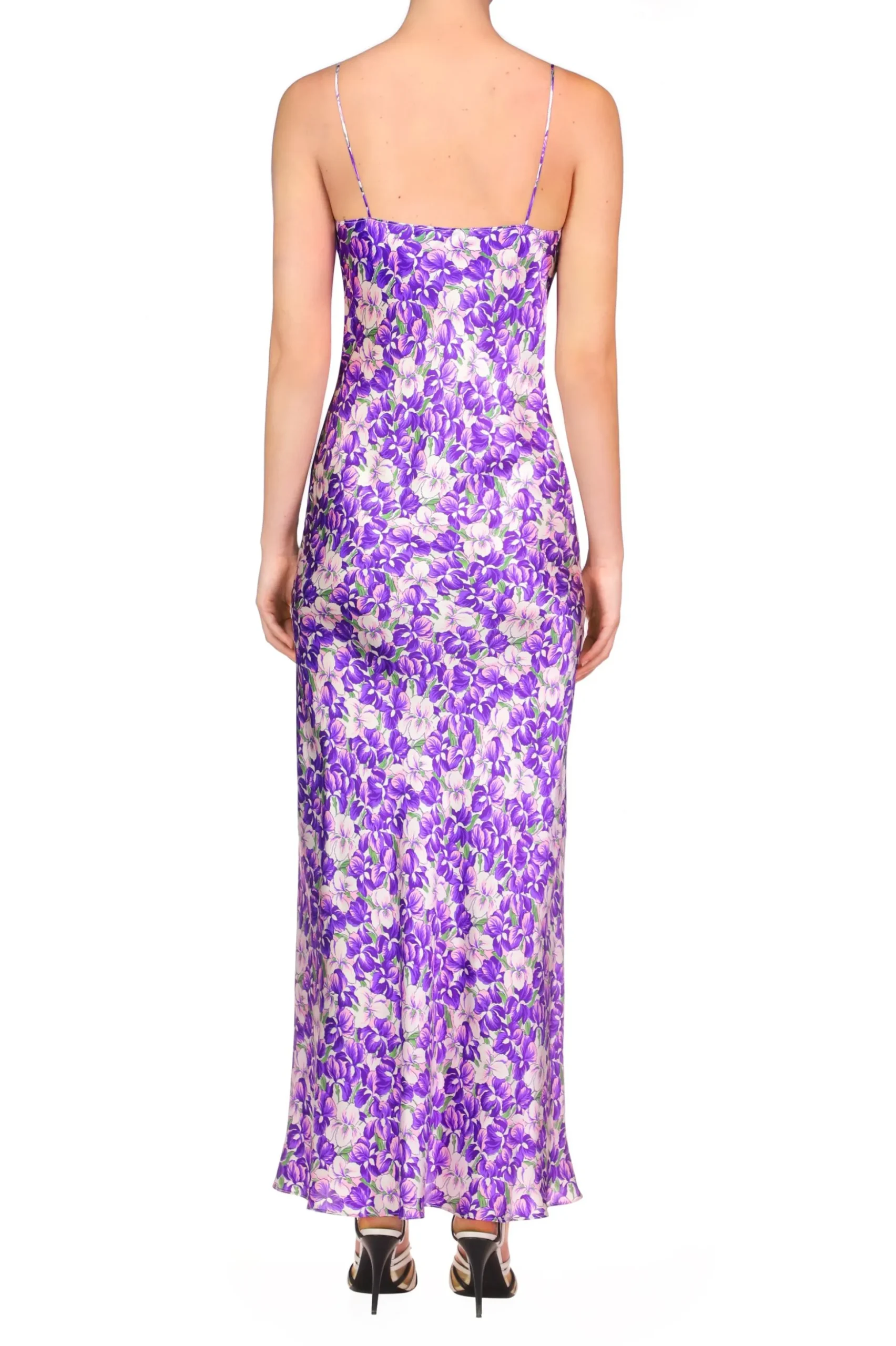 Purple Iris Printed Silk Satin Bias Dress With Ruched Bust And Black Lace Detail