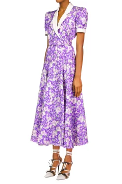 Purple Iris Printed Silk Twill Collared Dress With Belt Detail
