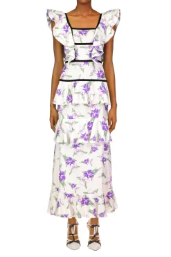 Purple Iris Printed Silk Twill Dress With Velvet Ribbon Detail