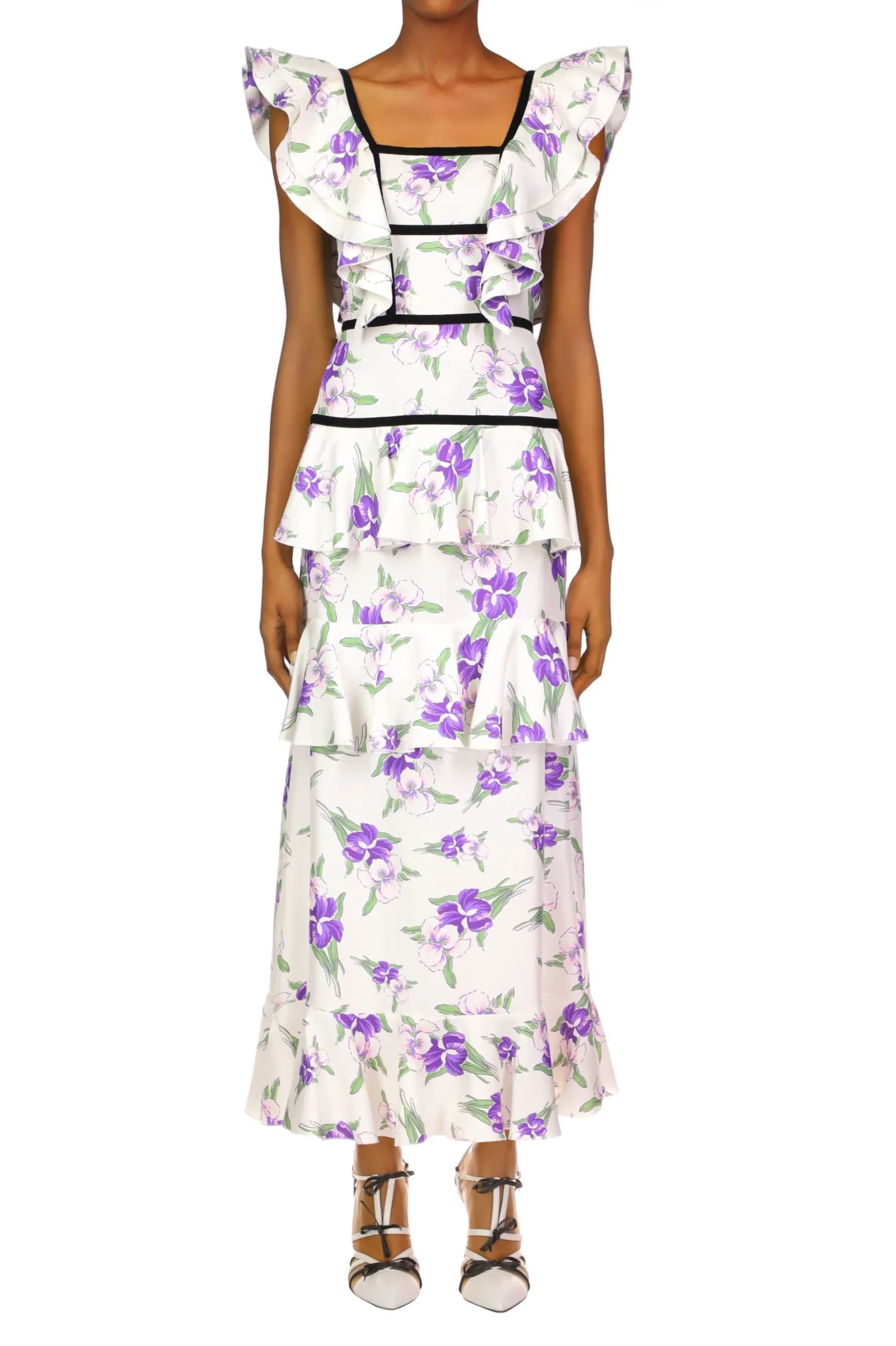 Purple Iris Printed Silk Twill Dress With Velvet Ribbon Detail