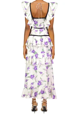 Purple Iris Printed Silk Twill Dress With Velvet Ribbon Detail