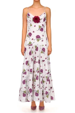 Purple Rose Printed Silk Tiered Dress With Silk Flower