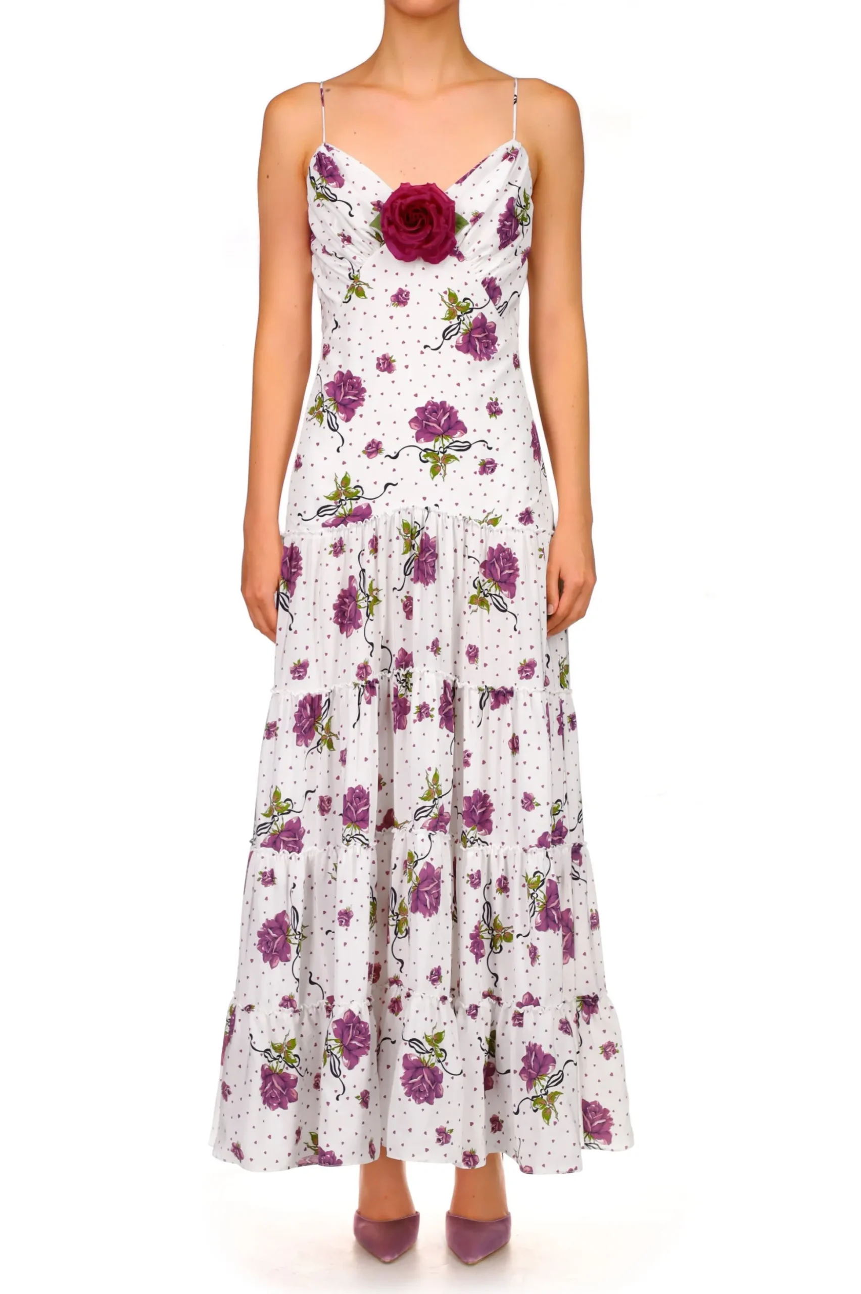 Purple Rose Printed Silk Tiered Dress With Silk Flower