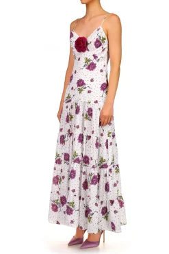 Purple Rose Printed Silk Tiered Dress With Silk Flower