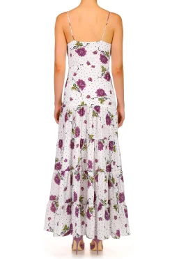 Purple Rose Printed Silk Tiered Dress With Silk Flower
