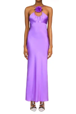 Purple Silk Satin Bias Dress With Ruched Bust And Silk Flower Detail