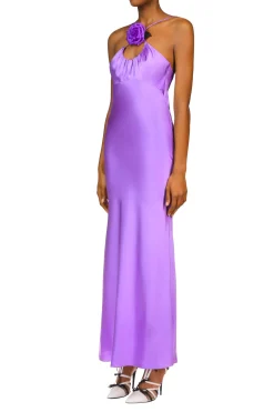 Purple Silk Satin Bias Dress With Ruched Bust And Silk Flower Detail