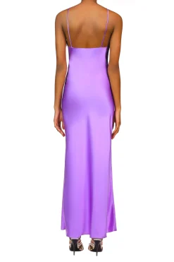 Purple Silk Satin Bias Dress With Ruched Bust And Silk Flower Detail