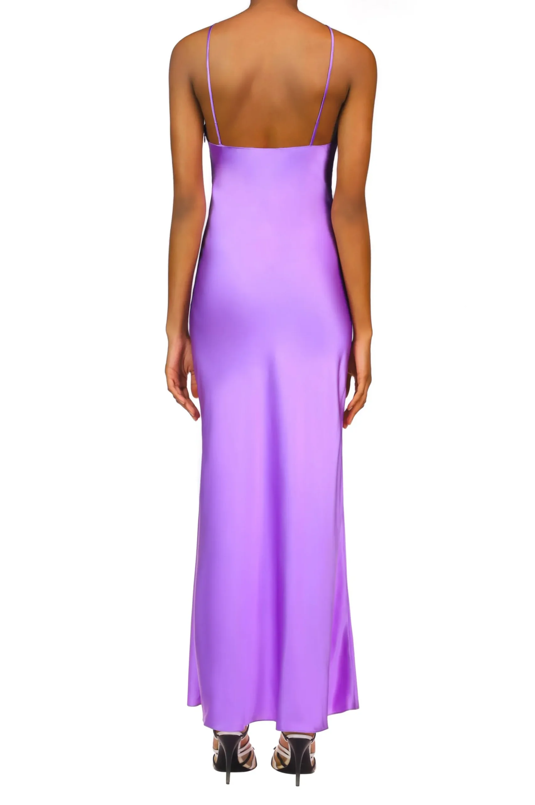 Purple Silk Satin Bias Dress With Ruched Bust And Silk Flower Detail